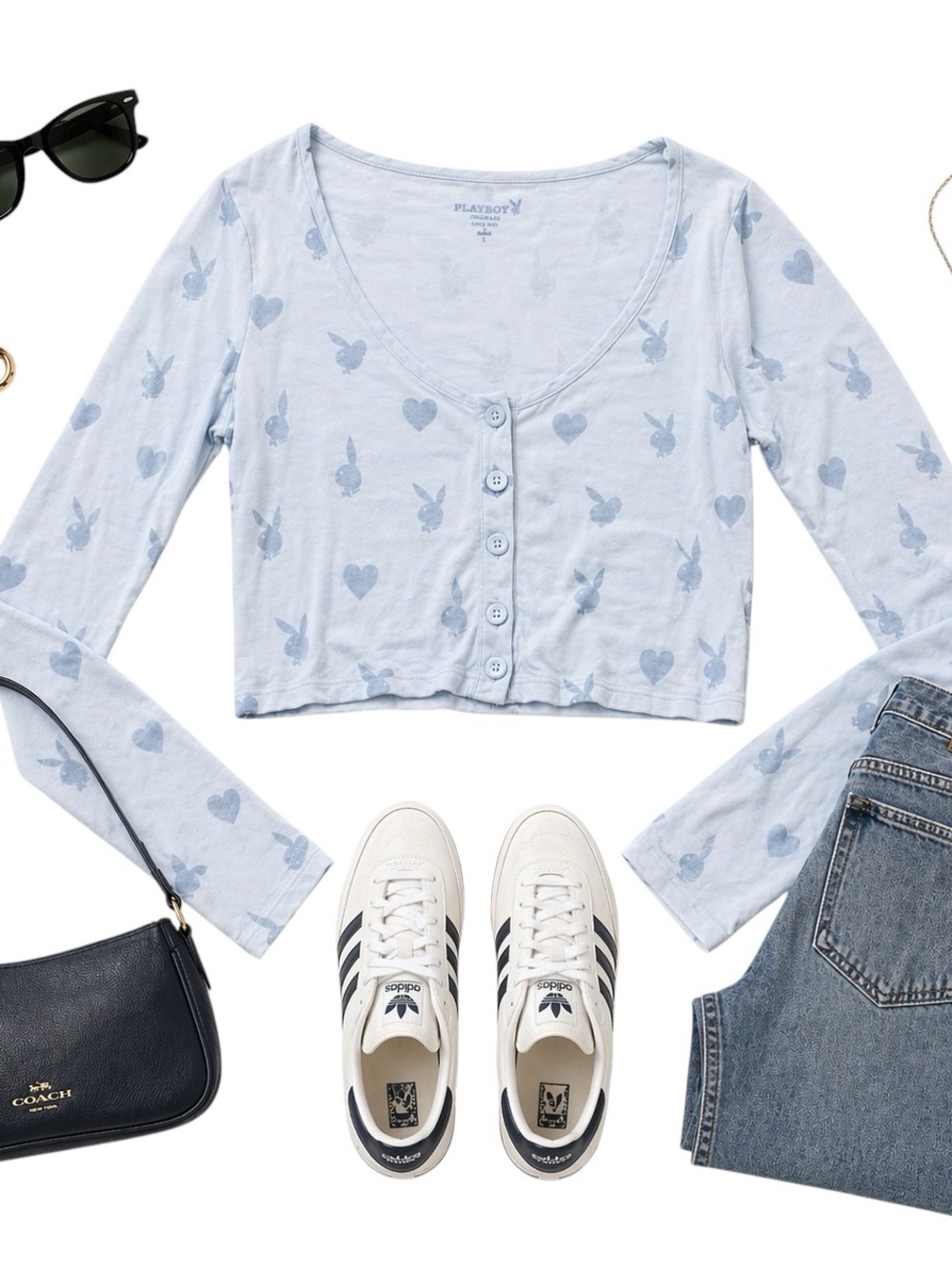 Playboy PacSun Y2K Crop Top Bunny Heart Print Light Blue Long Sleeve Small GUC